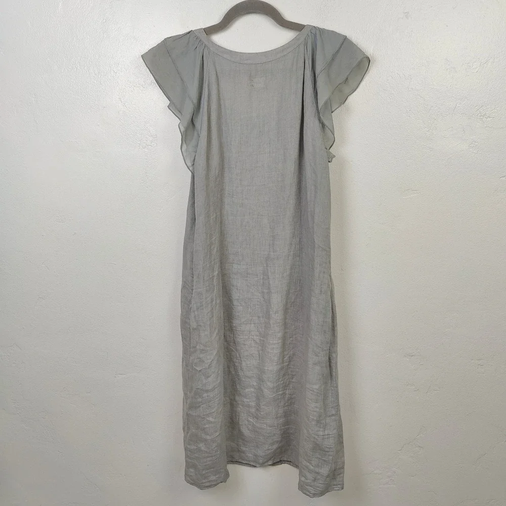 120%‎ Lino Womens Dress 46 Grey Ruffle Trim Linen Silk Blend Coastal Lagenlook